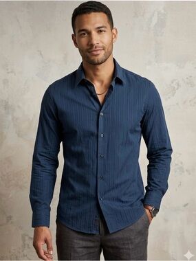 Perry Ellis Men's Navy Pinstripe Button-Down Shirt
